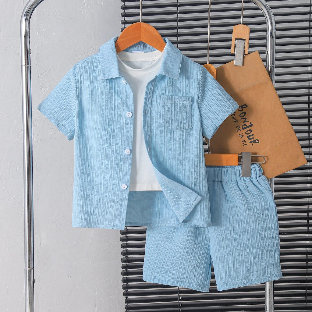 Conjunto Infantil Masculino Verão – Camisa Azul Botões + Shorts Soltos (7 a 13 anos – Importado)