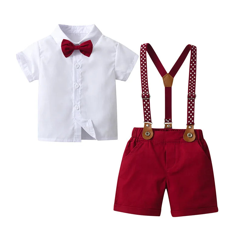 Conjunto Social Infantil para Meninos – Camiseta + Shorts + Suspensório + Gravata Borboleta (1 a 6 anos – Importado)