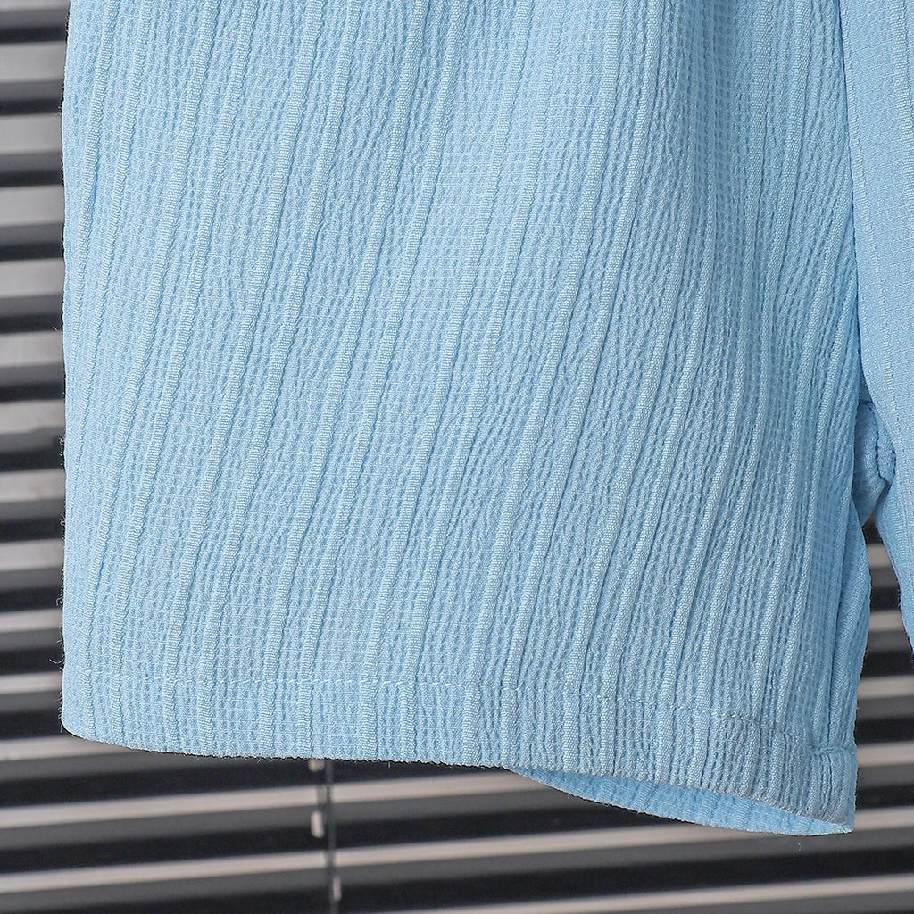 Conjunto Infantil Masculino Verão – Camisa Azul Botões + Shorts Soltos (7 a 13 anos – Importado)