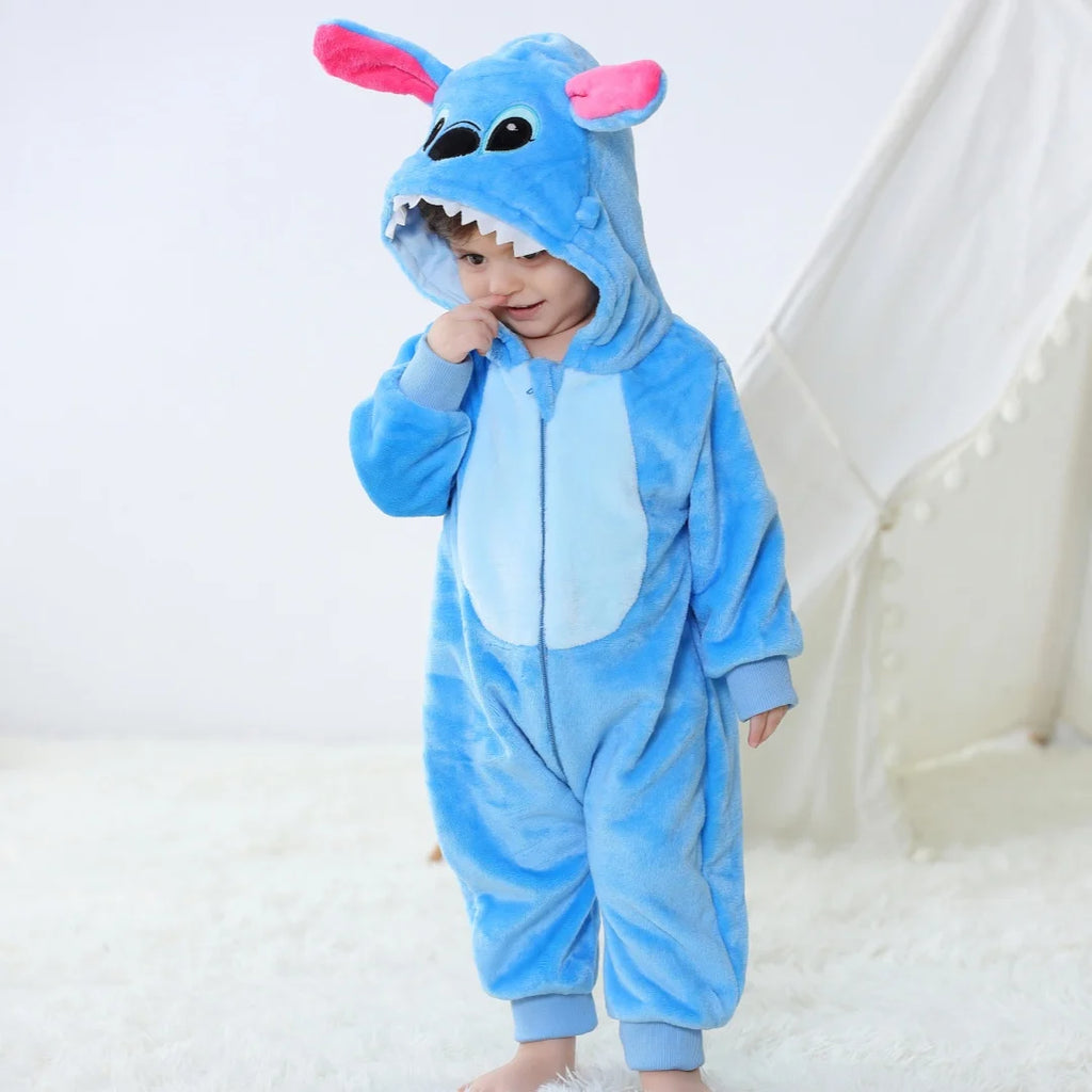 Macacão Kigurumi Infantil Stitch e Animais | Pijama Fantasia Bebê Inverno | 0 a 3 Anos
