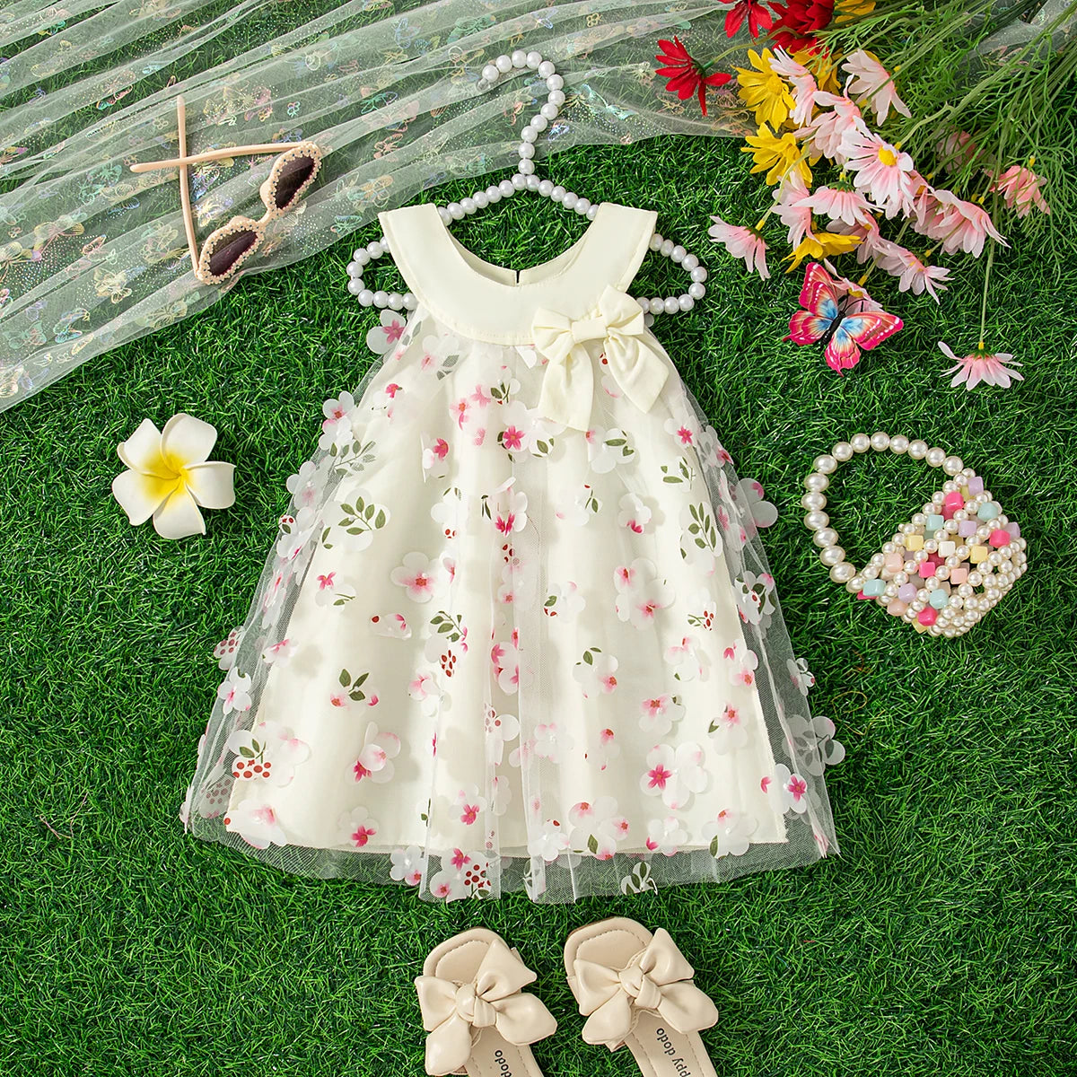 Vestido Princesa Bebê Verão – Floral com Laço | Modelo Importado, Leve e Super Fofo (0 a 3 Anos)