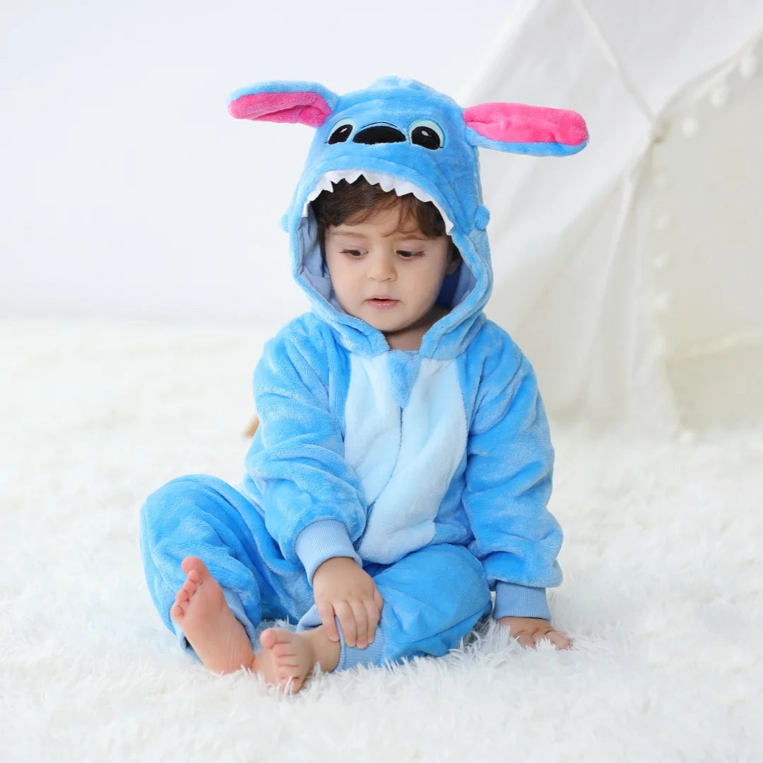 Macacão Kigurumi Infantil Stitch e Animais | Pijama Fantasia Bebê Inverno | 0 a 3 Anos