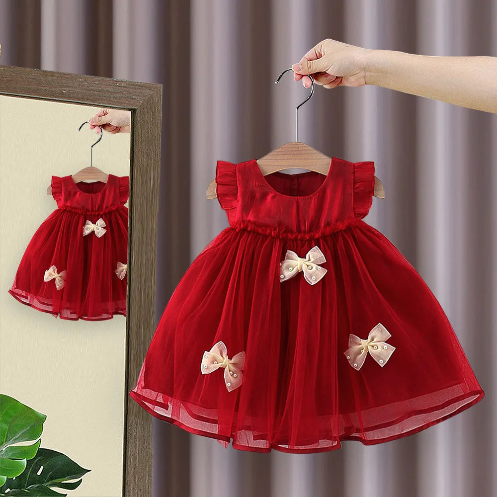 Vestido Infantil Princesa Nuvem – Com Laço, Tule Macio e Manga Borboleta (Importado)