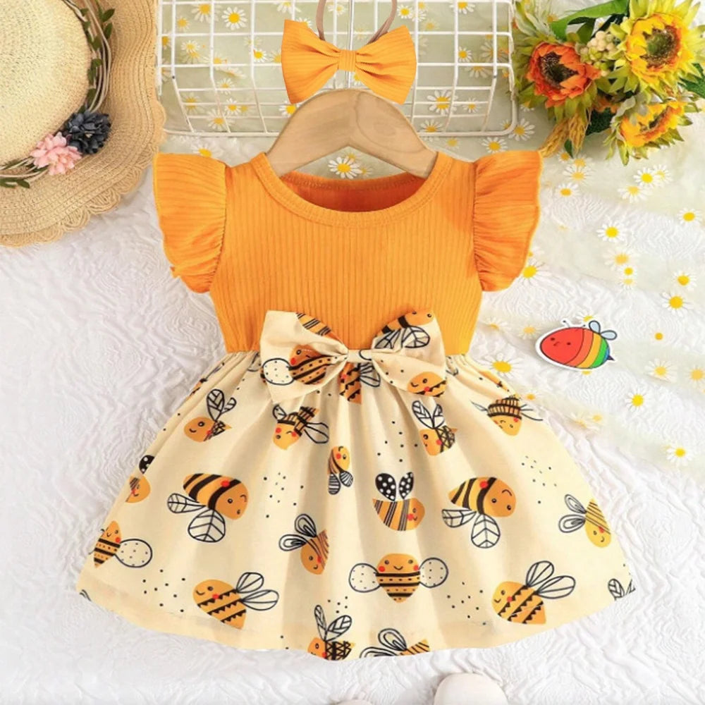 Vestido Infantil Bebê Abelhinha Amarelo | Vestido Verão com Tiara | 0 a 3 Anos