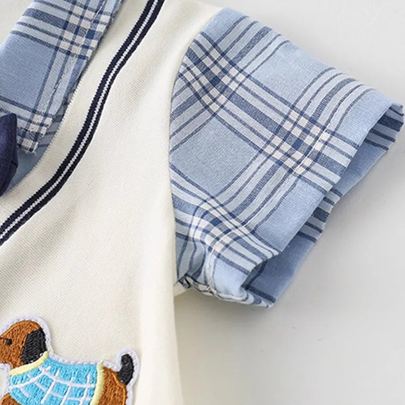 Macacão Infantil Masculino Verão Estilo College – Body Curto com Estampa de Cachorrinho, Confortável e Leve para Bebês