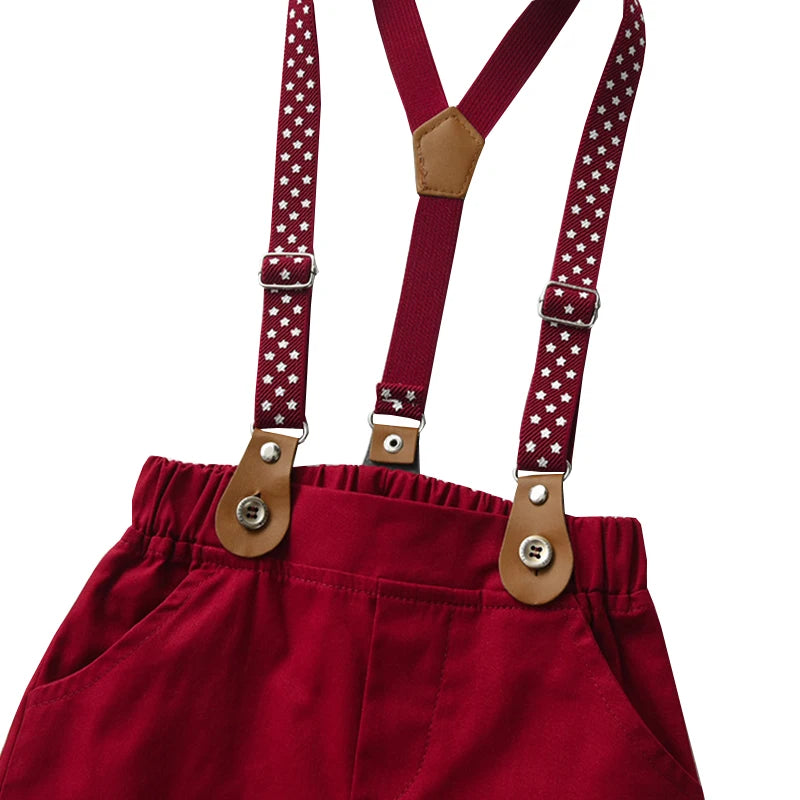 Conjunto Social Infantil para Meninos – Camiseta + Shorts + Suspensório + Gravata Borboleta (1 a 6 anos – Importado)