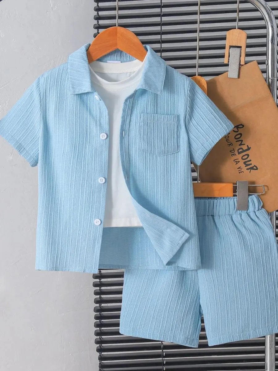 Conjunto Infantil Masculino Verão – Camisa Azul Botões + Shorts Soltos (7 a 13 anos – Importado)