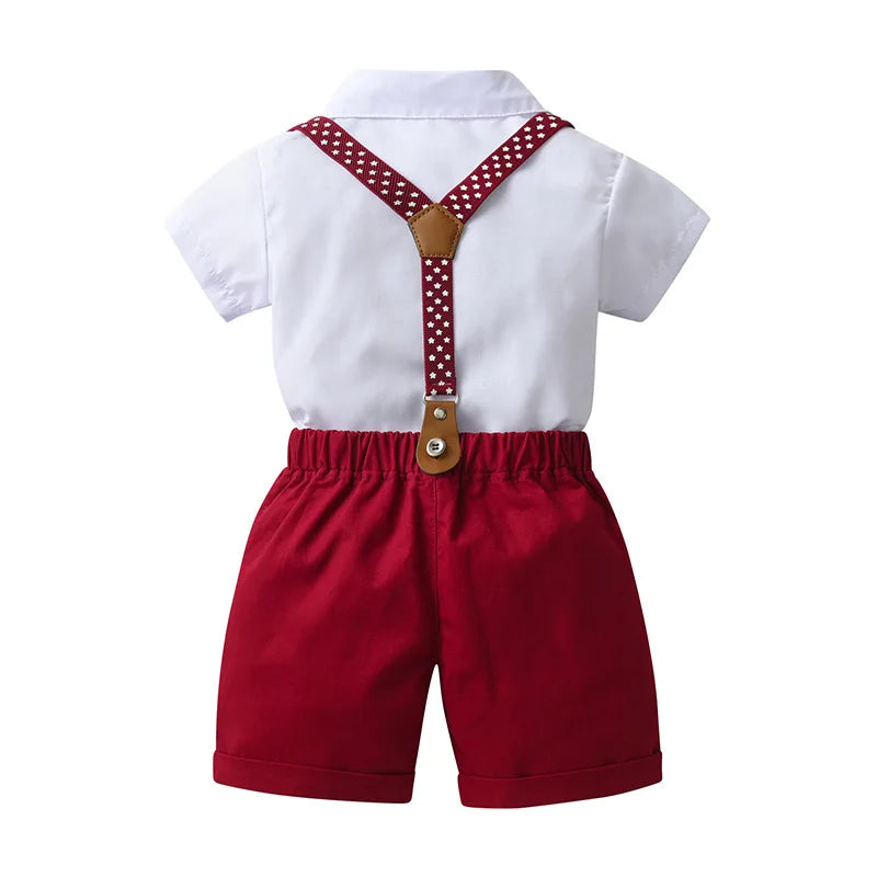 Conjunto Social Infantil para Meninos – Camiseta + Shorts + Suspensório + Gravata Borboleta (1 a 6 anos – Importado)