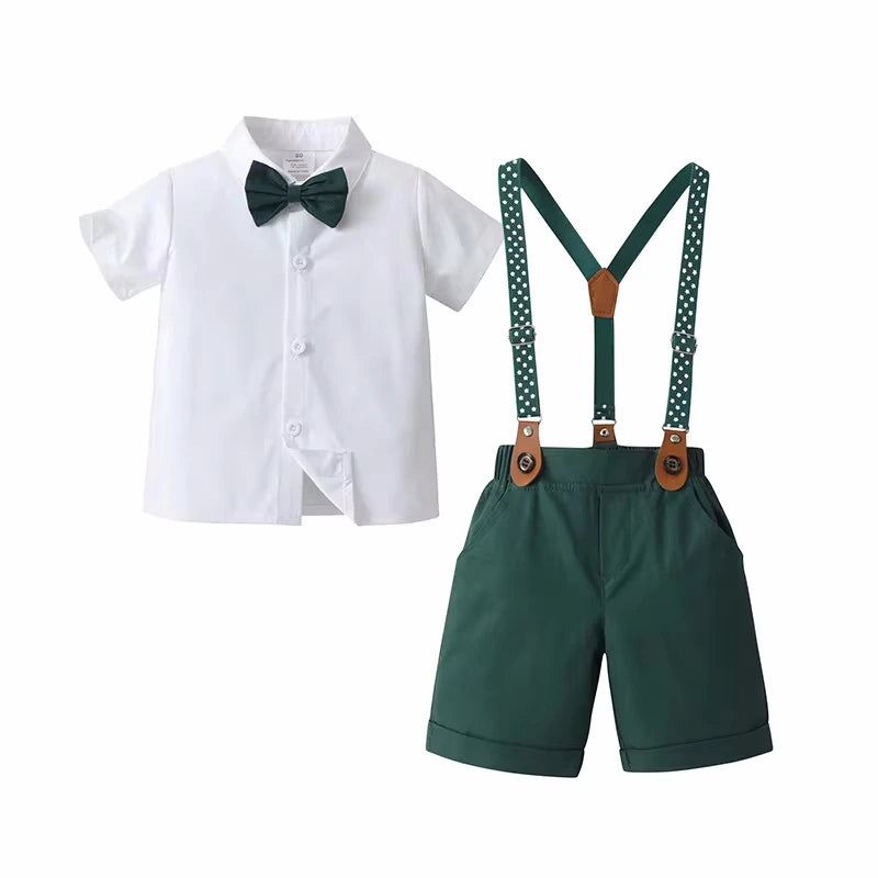 Conjunto Social Infantil para Meninos – Camiseta + Shorts + Suspensório + Gravata Borboleta (1 a 6 anos – Importado)