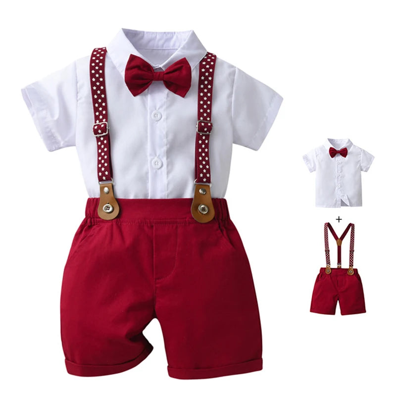 Conjunto Social Infantil para Meninos – Camiseta + Shorts + Suspensório + Gravata Borboleta (1 a 6 anos – Importado)