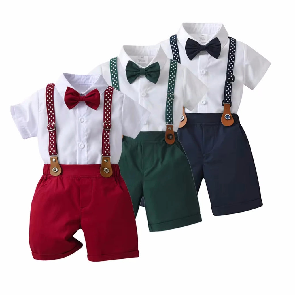 Conjunto Social Infantil para Meninos – Camiseta + Shorts + Suspensório + Gravata Borboleta (1 a 6 anos – Importado)