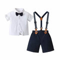 Conjunto Social Infantil para Meninos – Camiseta + Shorts + Suspensório + Gravata Borboleta (1 a 6 anos – Importado)