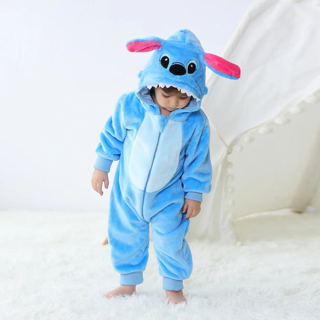 Macacão Kigurumi Infantil Stitch e Animais | Pijama Fantasia Bebê Inverno | 0 a 3 Anos