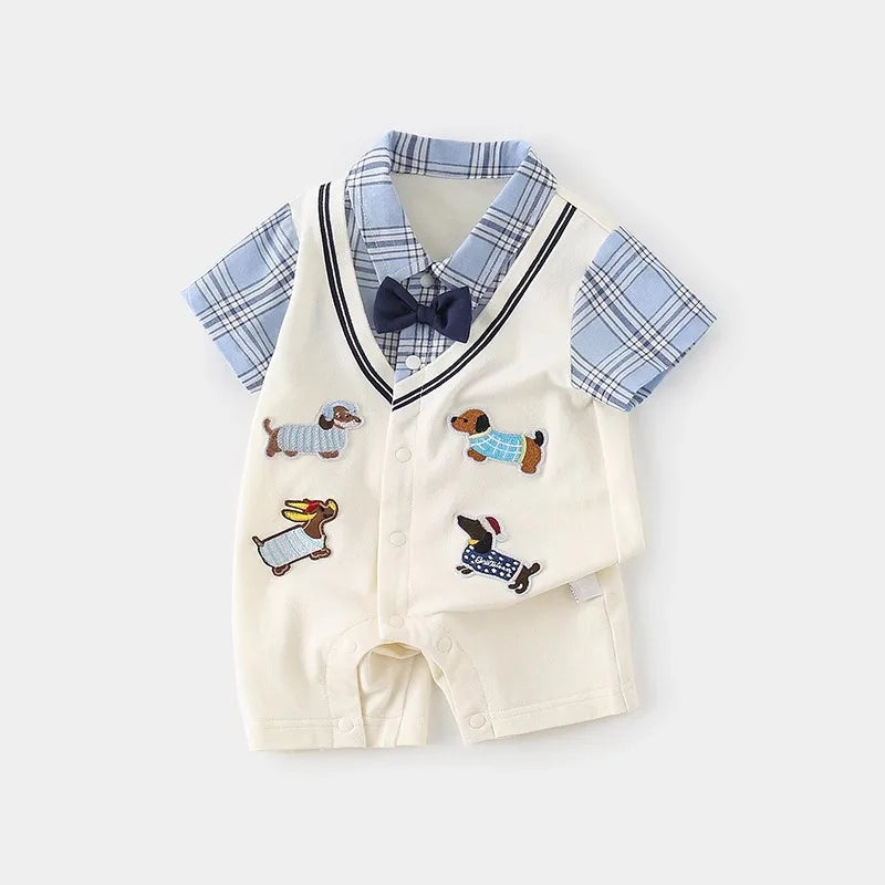 Macacão Infantil Masculino Verão Estilo College – Body Curto com Estampa de Cachorrinho, Confortável e Leve para Bebês